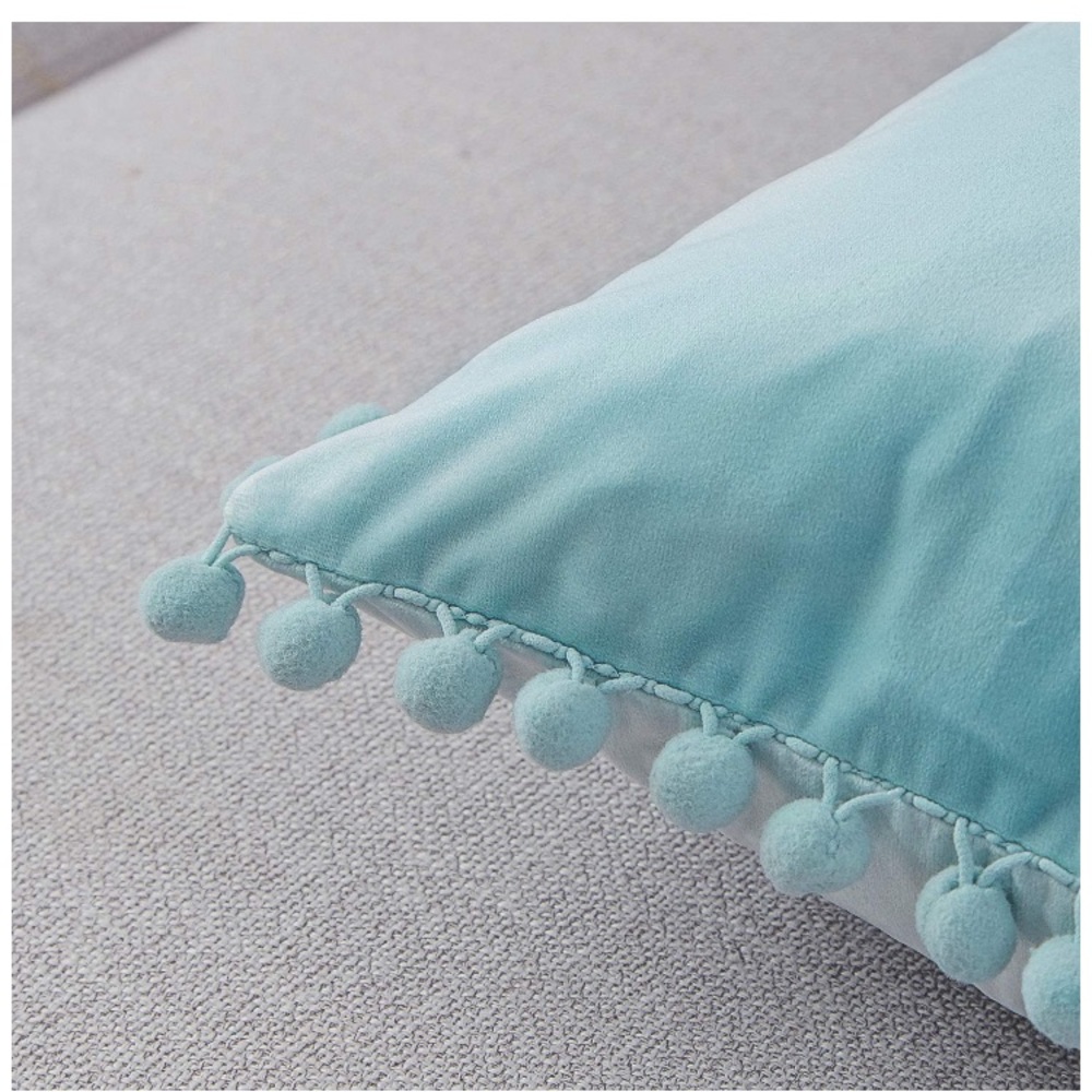 Trendy Light Blue Modern Cute Velvet Pompom Throw Pillow Decorative Cover Set - Picture 4 of 16